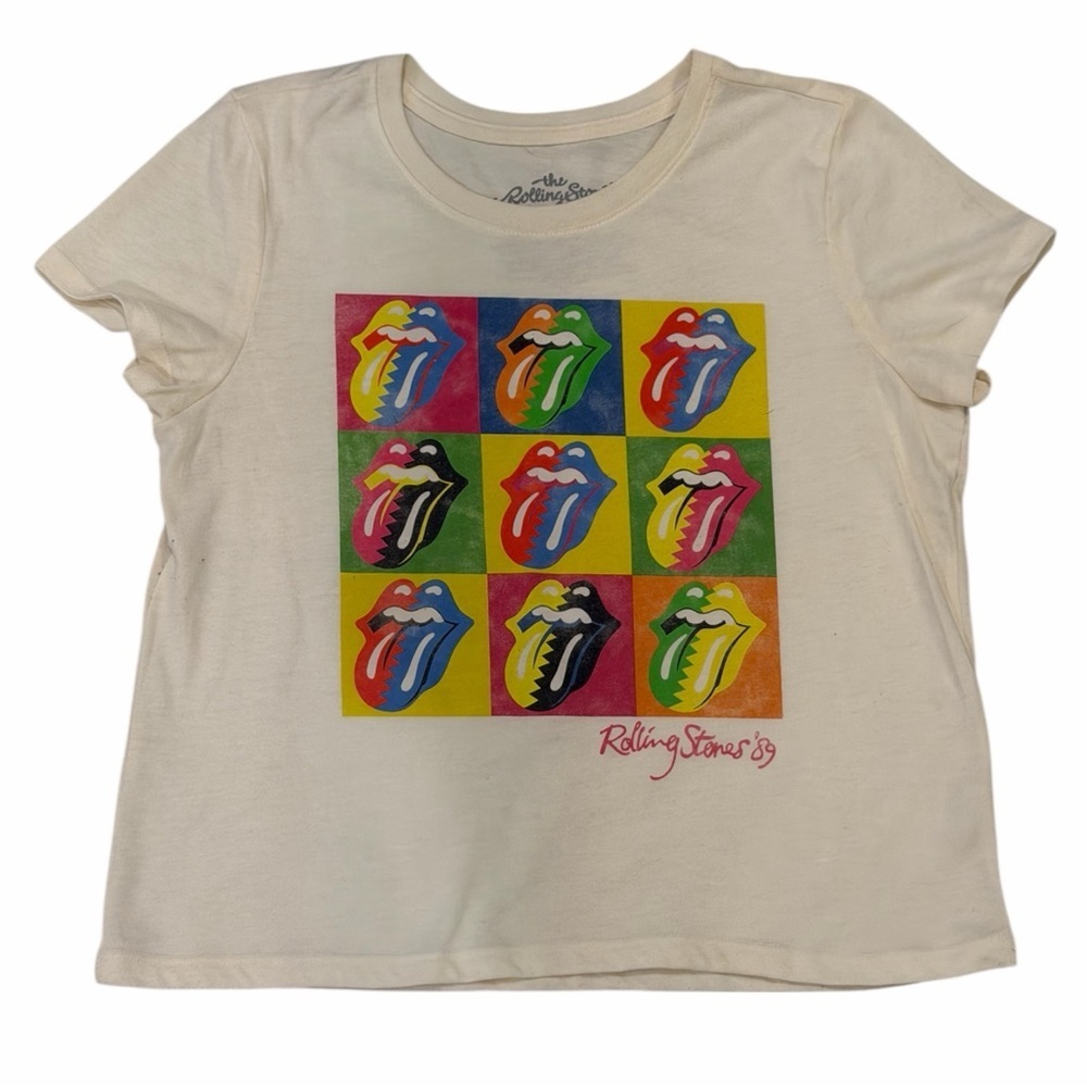 the Rolling Stones Cream Crop Top with Multi-Color Pop Art Tongue Graphic